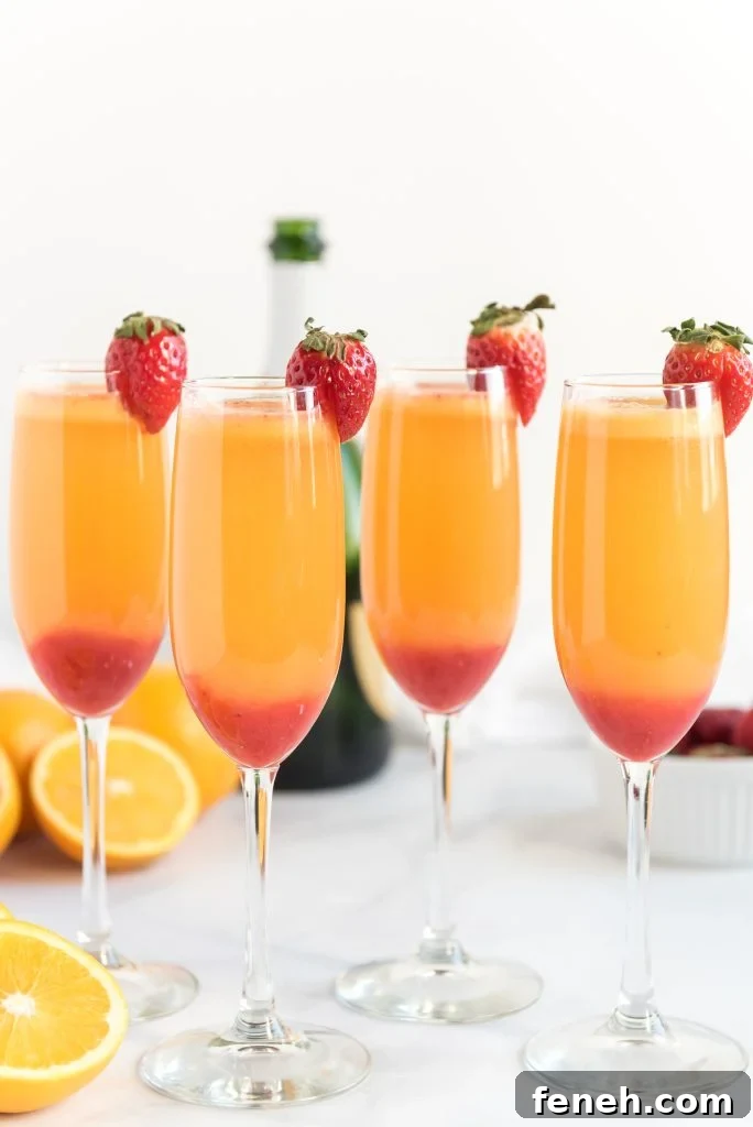 strawberry mimosas in glass flutes on a white countertop
