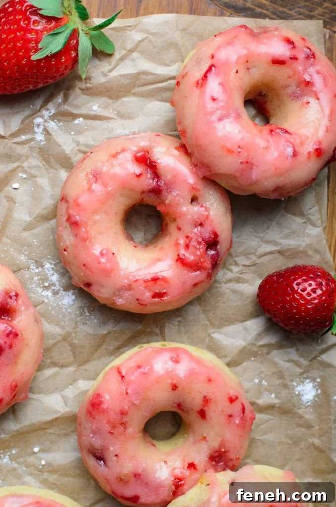 a batch of baked strawberry glazed donuts shown on crinkled brown parchment paper with fresh berries in the background