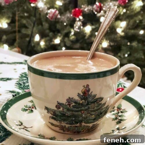 thick hot chocolate in a Spode Christmas cup
