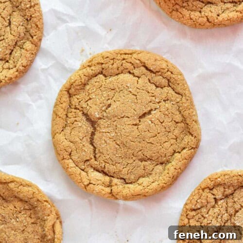 close up of molasses cookie on parchment paper.