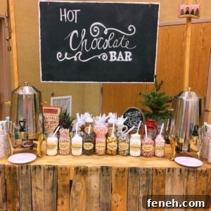 Holiday hot chocolate with toppings and hot chocolate containers.