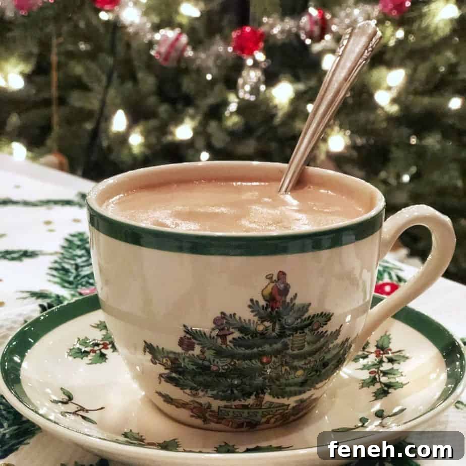 thick hot chocolate in a Spode Christmas cup