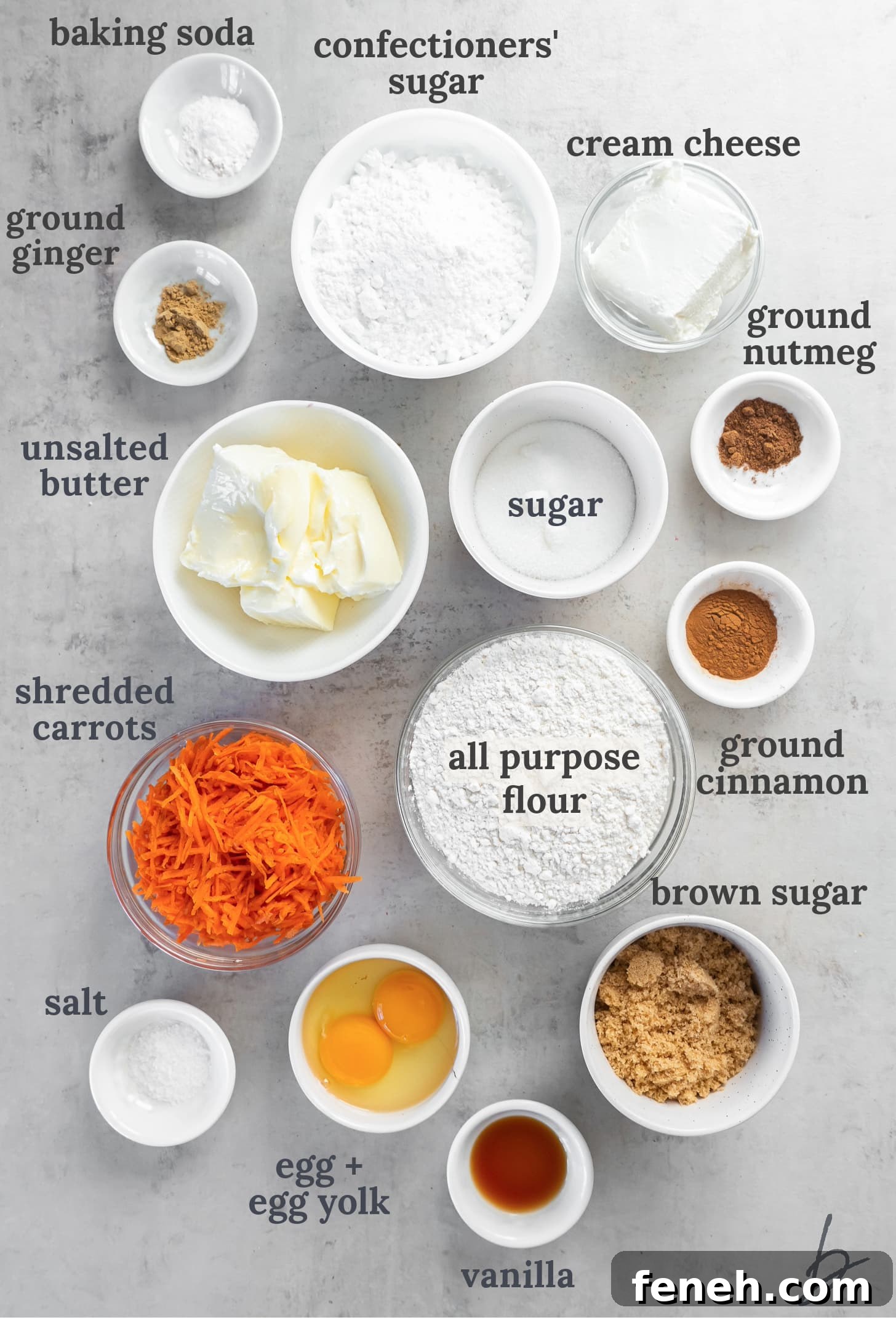 bowls of ingredients to make carrot cake cookies with cream cheese frosting.