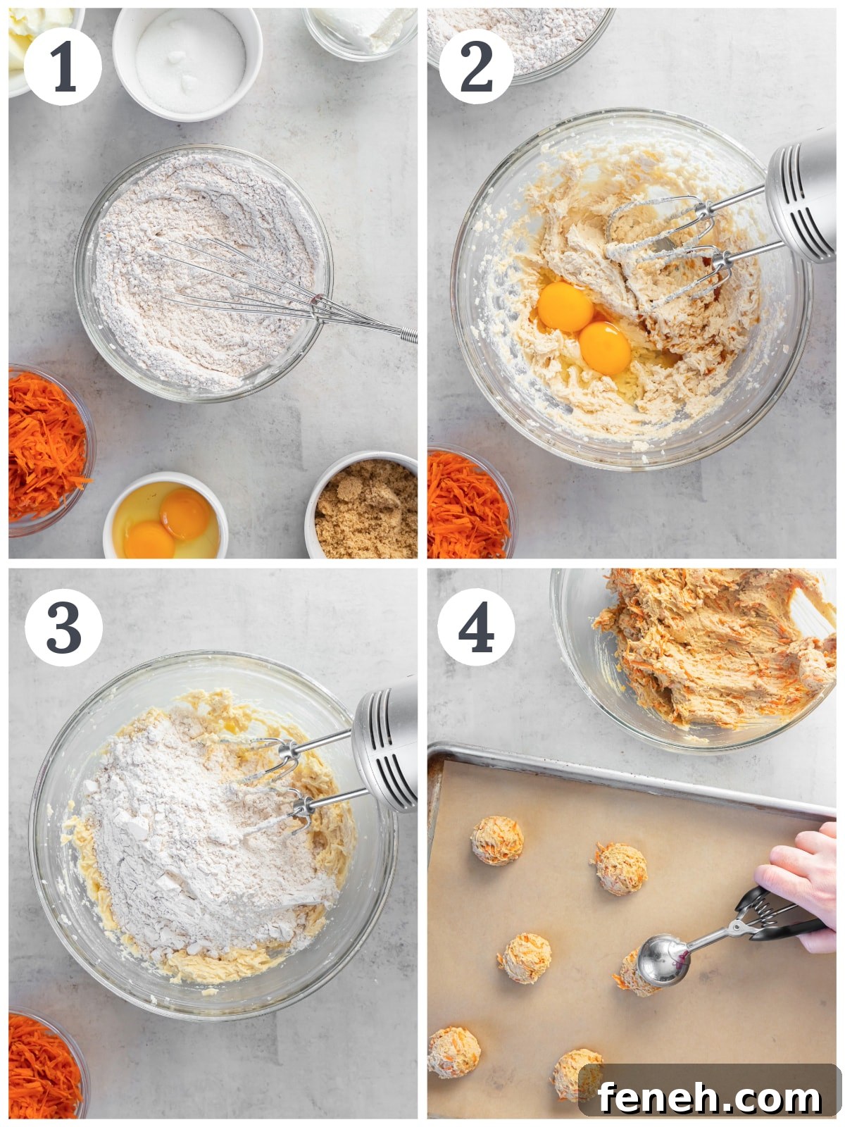 photo collage demonstrating how to make carrot cake cookies in a mixing bowl.
