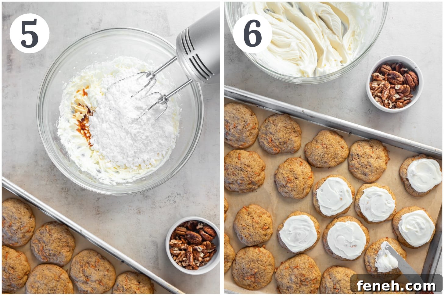 photo collage demonstrating how to make cream cheese frosting for carrot cake cookies.