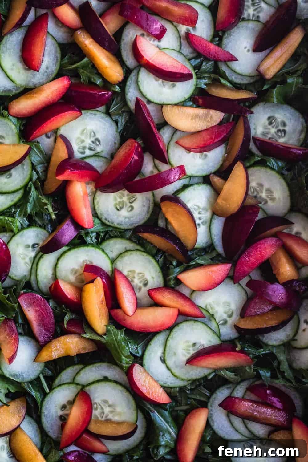 Mizuna lettuce topped with cucumbers and plums.