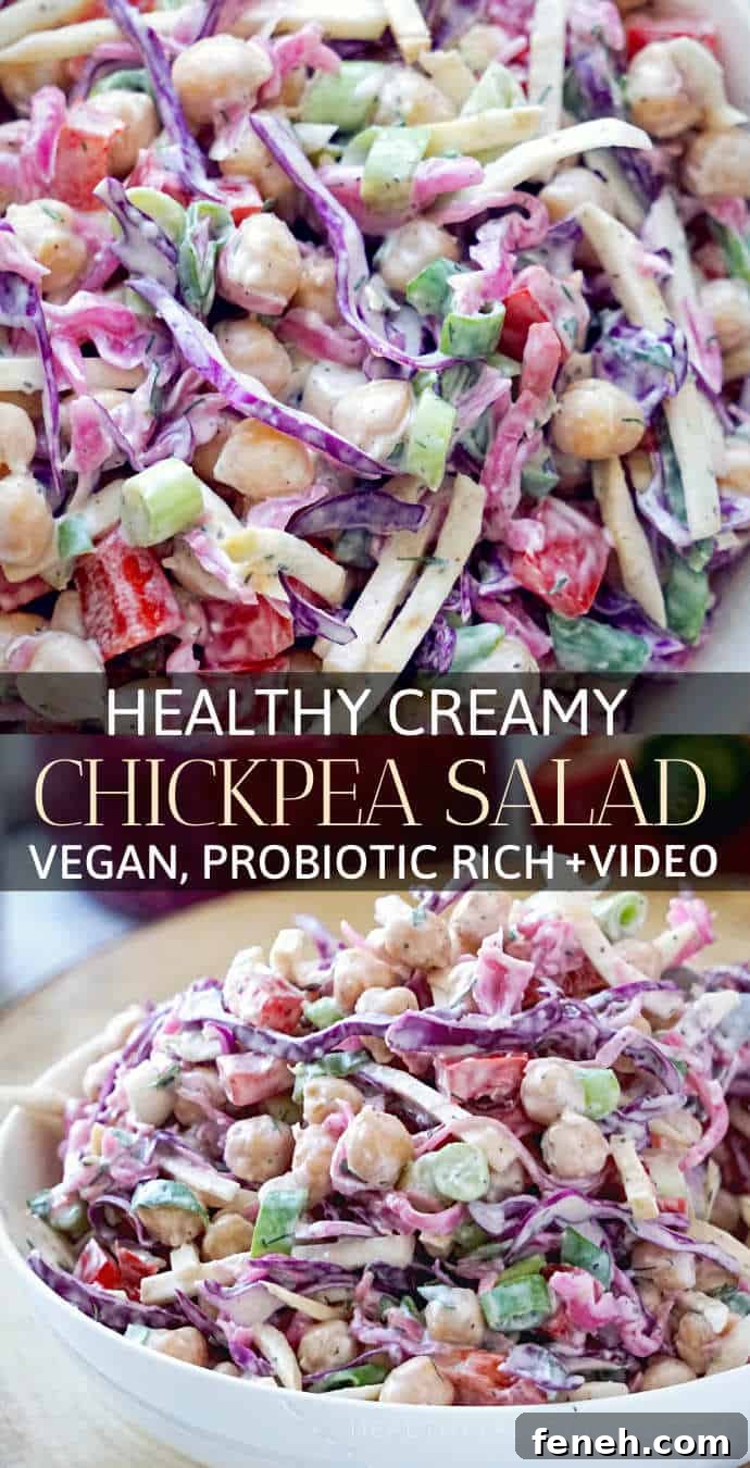 Healthy creamy chickpea salad recipe with a creamy vegan dressing.
