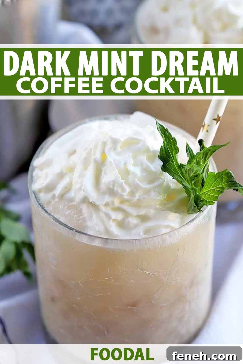 Vertical closeup of a glass of a milky coffee mixture topped with whipped cream and a sprig of mint, with a paper straw with decorative gold foil stars, with another identical glass and a stainless steel cocktail shaker in soft focus in the background, with scattered fresh herbs, on a gray folded and gathered cloth, printed with green and white text.