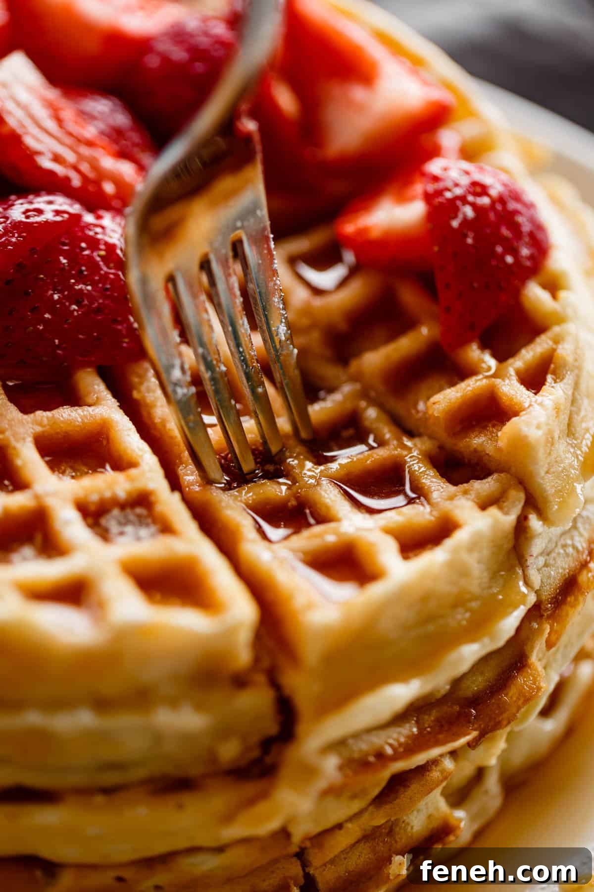 Close up image of fork piercing a stack of waffles, drenched in maple syrup and covered with chopped strawberries.