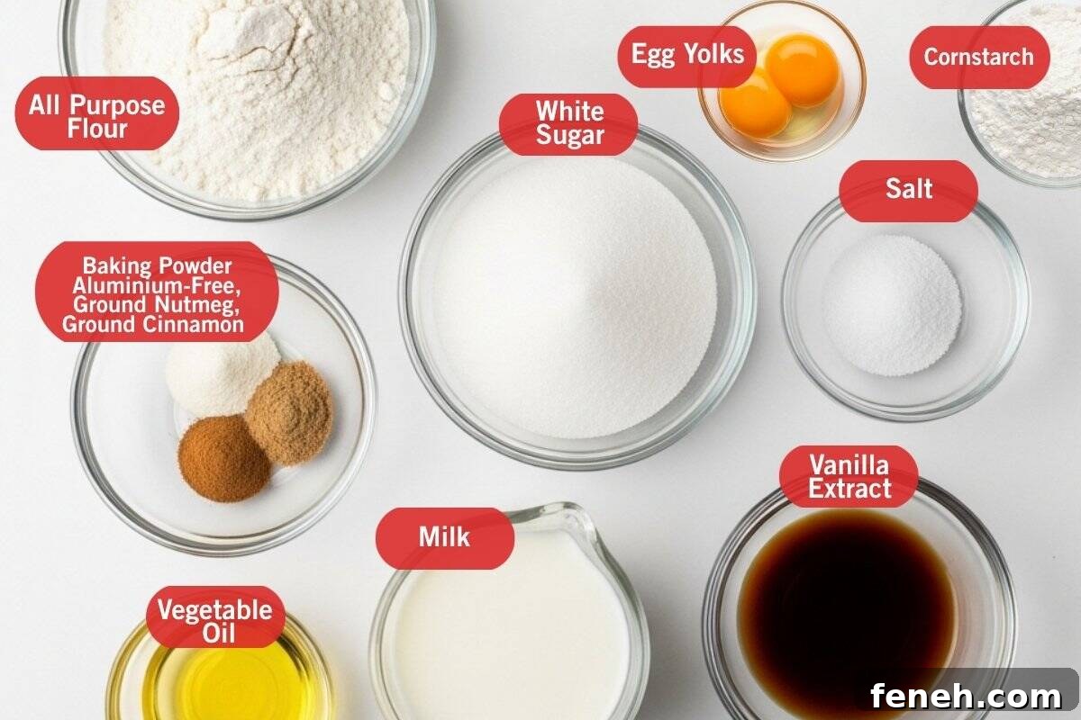 Flay lay photos of all purpose flour, baking powder, ground nutmeg, ground cinnamon, white sugar, egg yolks, cornstarch, salt, vegetable oil, milk, vanilla extract