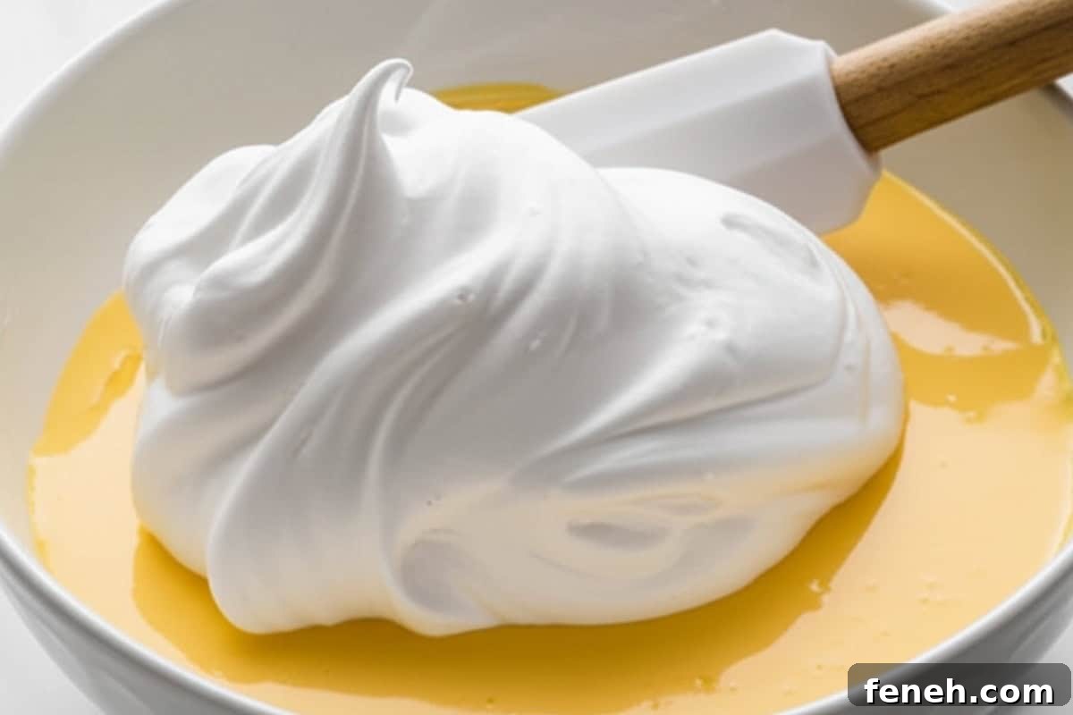 gently fold the stiff egg whites into the batter and don't over mix
