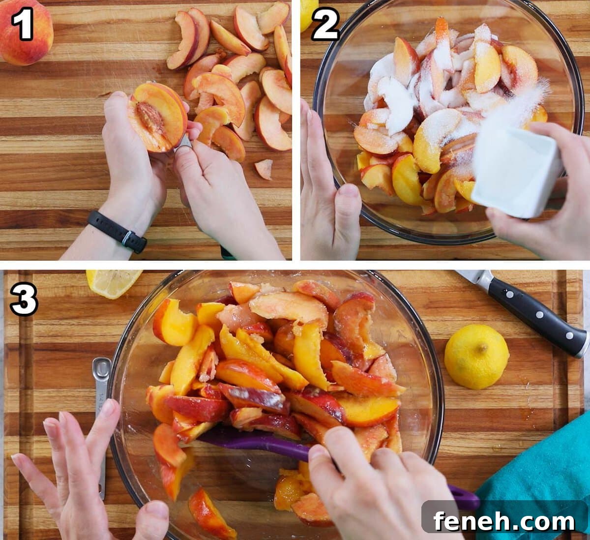 Three photos showing sliced peaches being tossed with sugar, lemon juice, and spices.