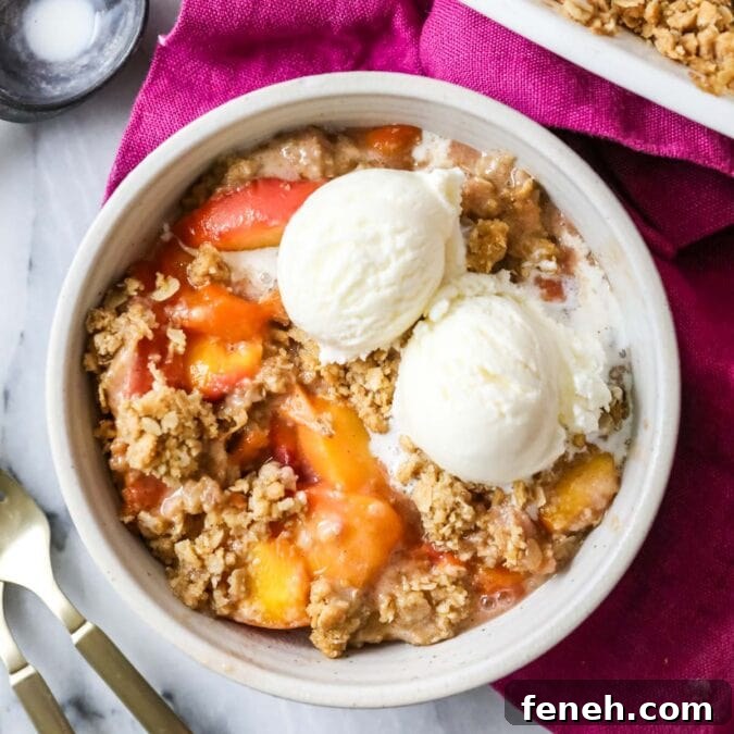 Overhead view of a bowl of peach crisp topped with vanilla ice cream.