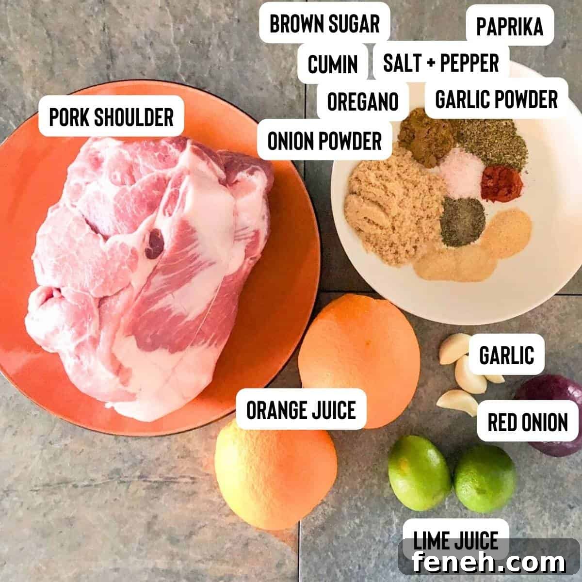 Ingredients needed to make carnitas street tacos placed on a tiled counter and labeled.