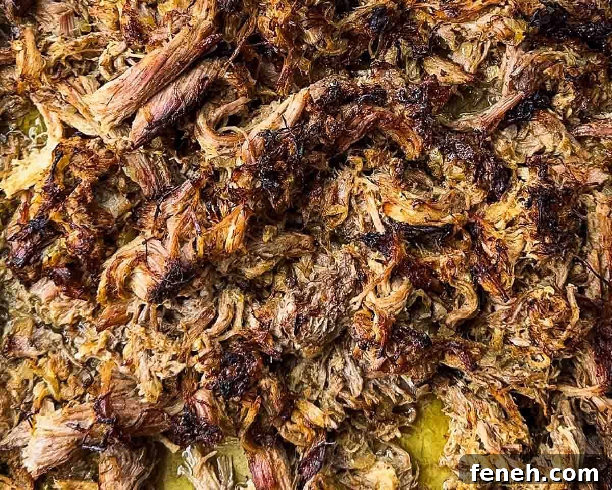 The crispy shredded pork on a baking sheet after being broiled.