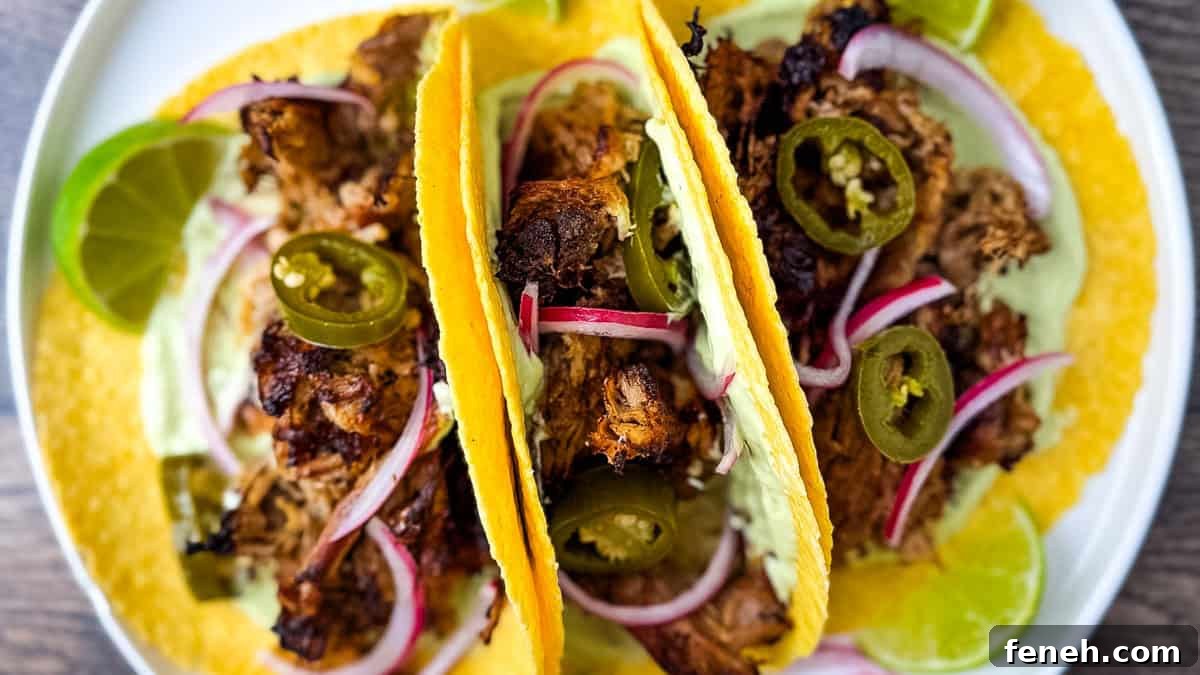 Plate of carnitas street tacos topped with crispy pork, pickled onions, jalapeños, and avocado crema served with fresh lime wedges.