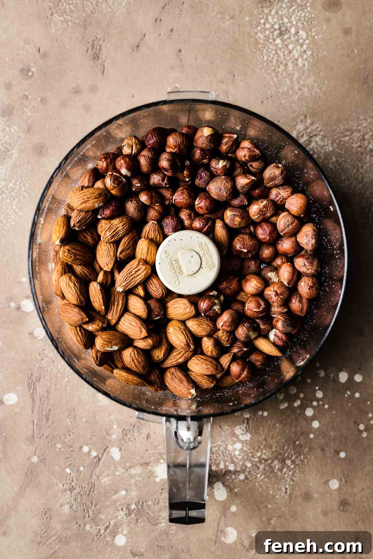A food processor bowl filled with half almonds and half hazelnuts.