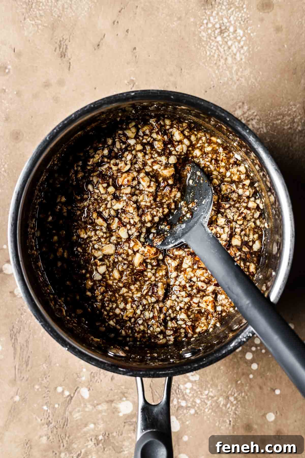 Finished pot of nut topping for German nut bars.