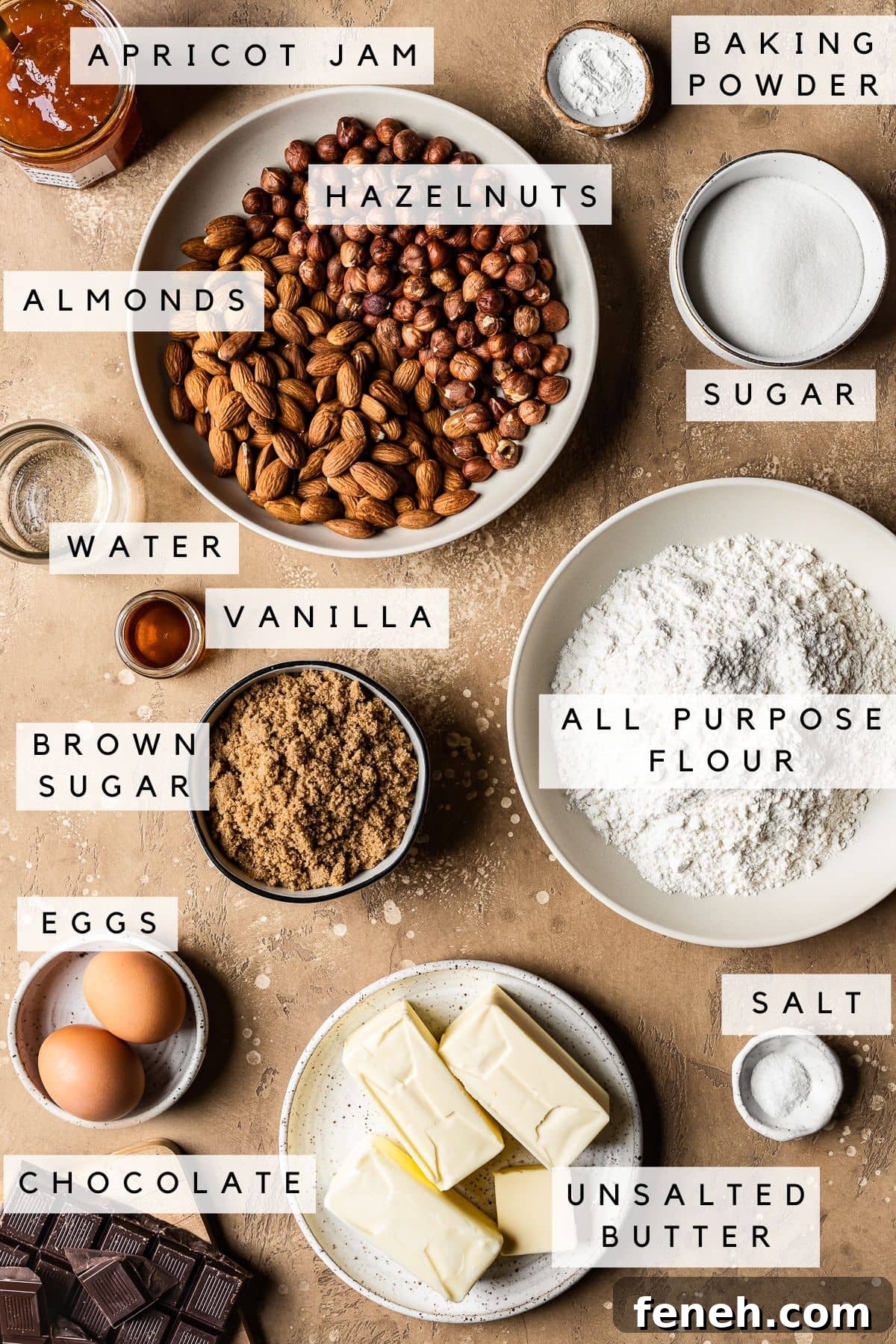 Labeled display of ingredients for German nussecken cookies.