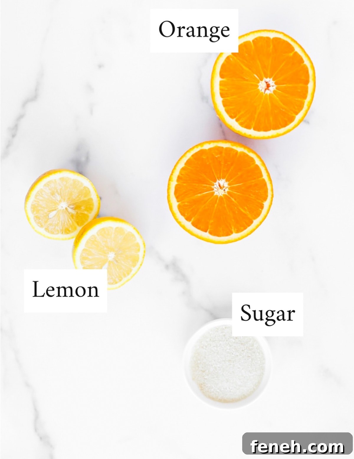 Labeled ingredients including: orange, lemon, sugar