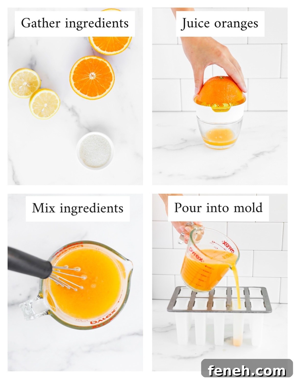 4 pictures with labeled steps of how to make orange popsicles including: gather ingredients, juice oranges, mix ingredients, pour into mold