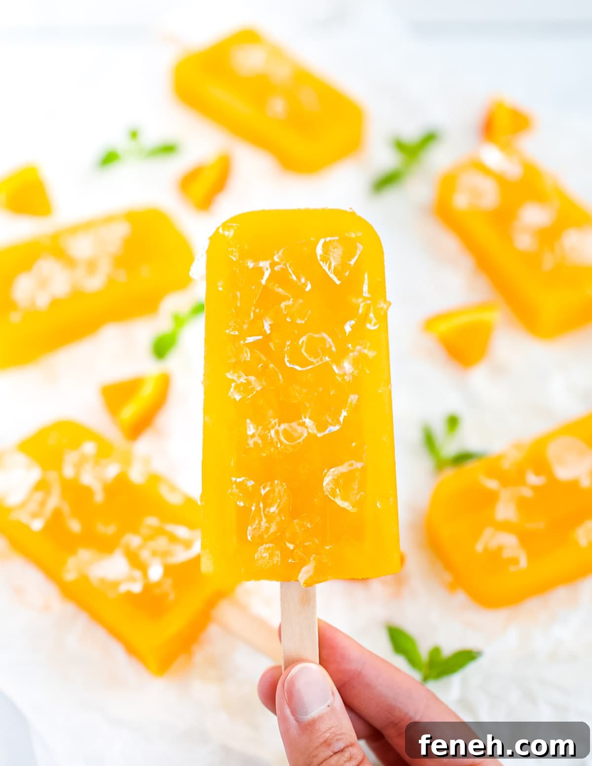 A hand holding up an orange-yellow ice pop that is covered in ice