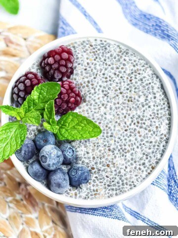 A white bowl filled with chia seed pudding. There are blackberries, blueberries, and fresh mint leave on top.