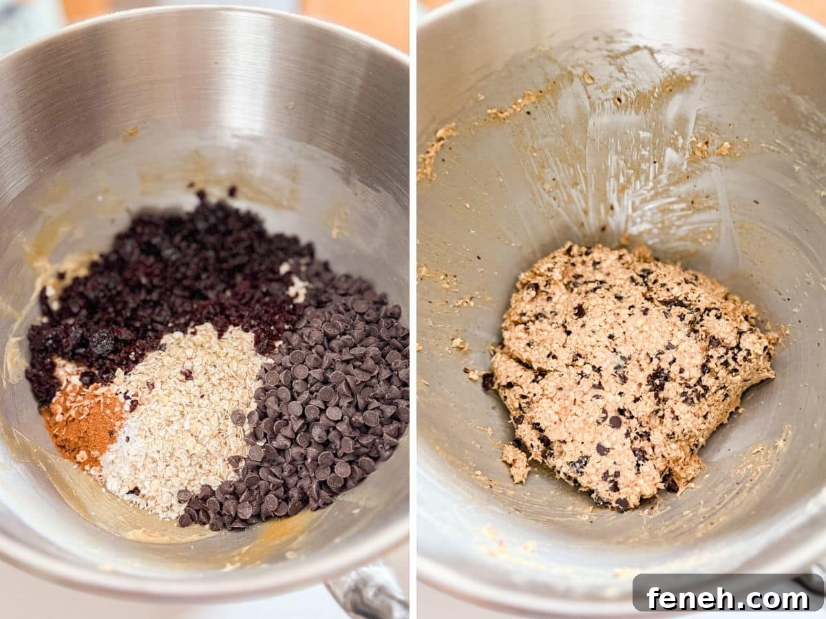 Dry ingredients added to the bowl and then mixed in.