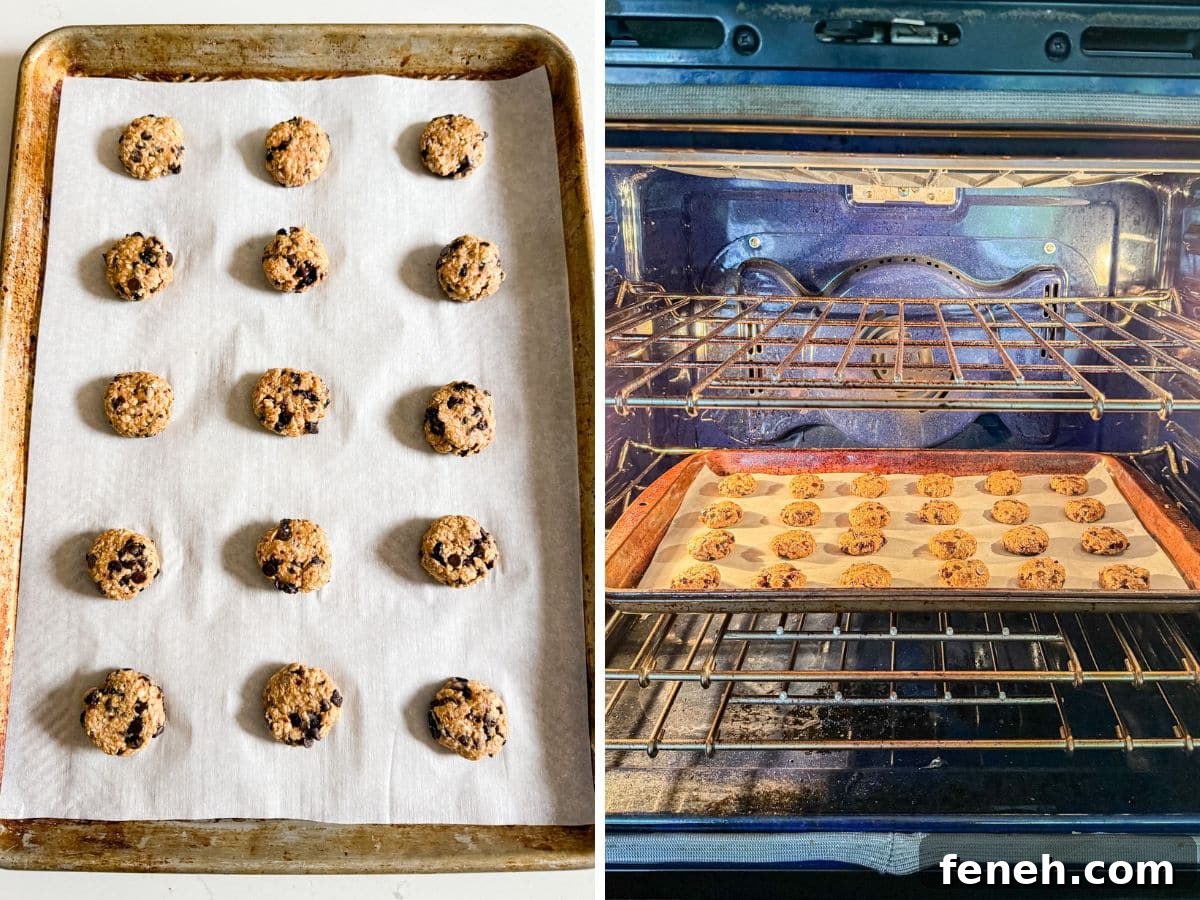 Cookie dough scooped onto lined sheet pan and then in the oven to bake.