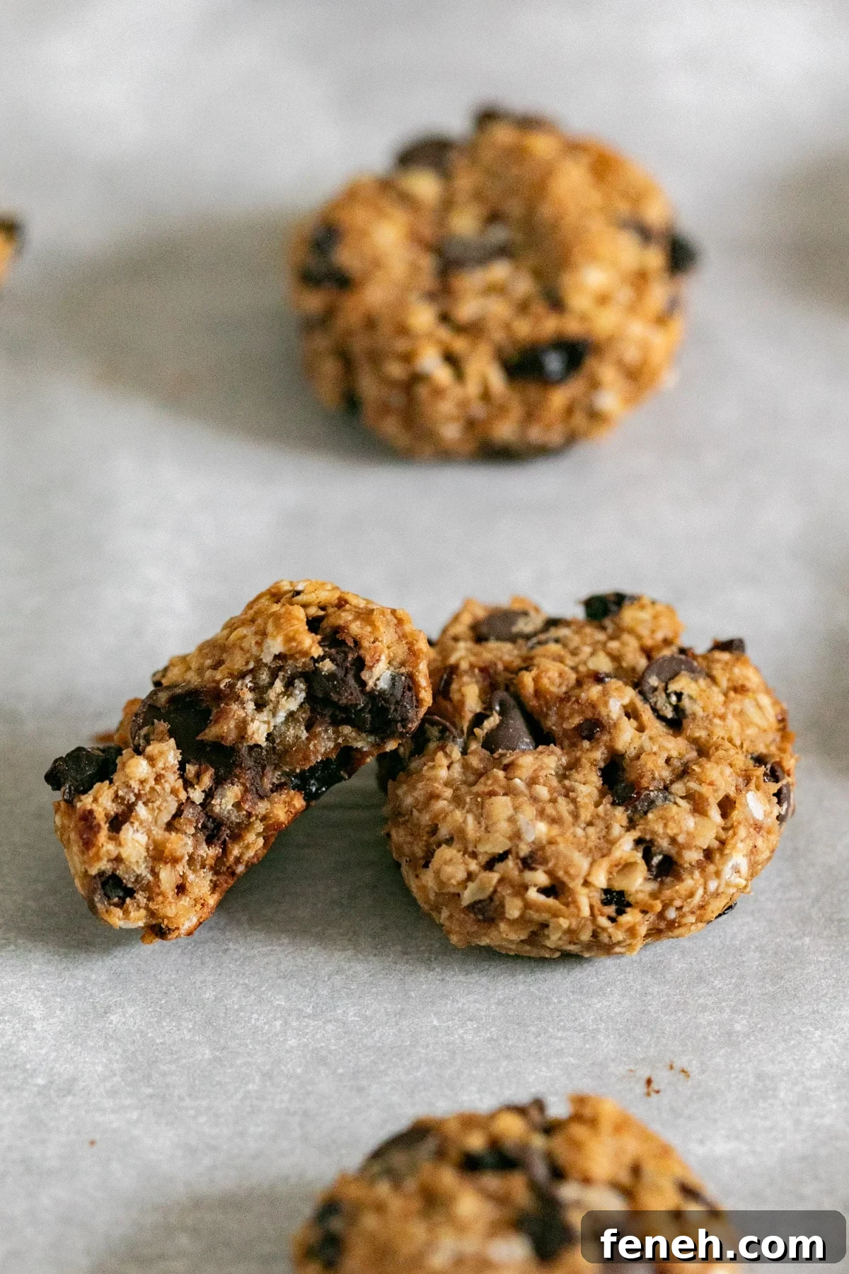 Breakfast cookies with a cookie with a bite taken from it on it.