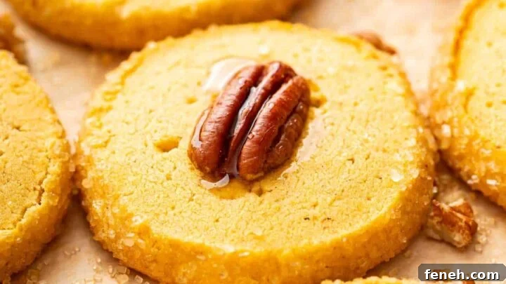 Orange pumpkin shortbread with a glazed pecan on top of each cookie.