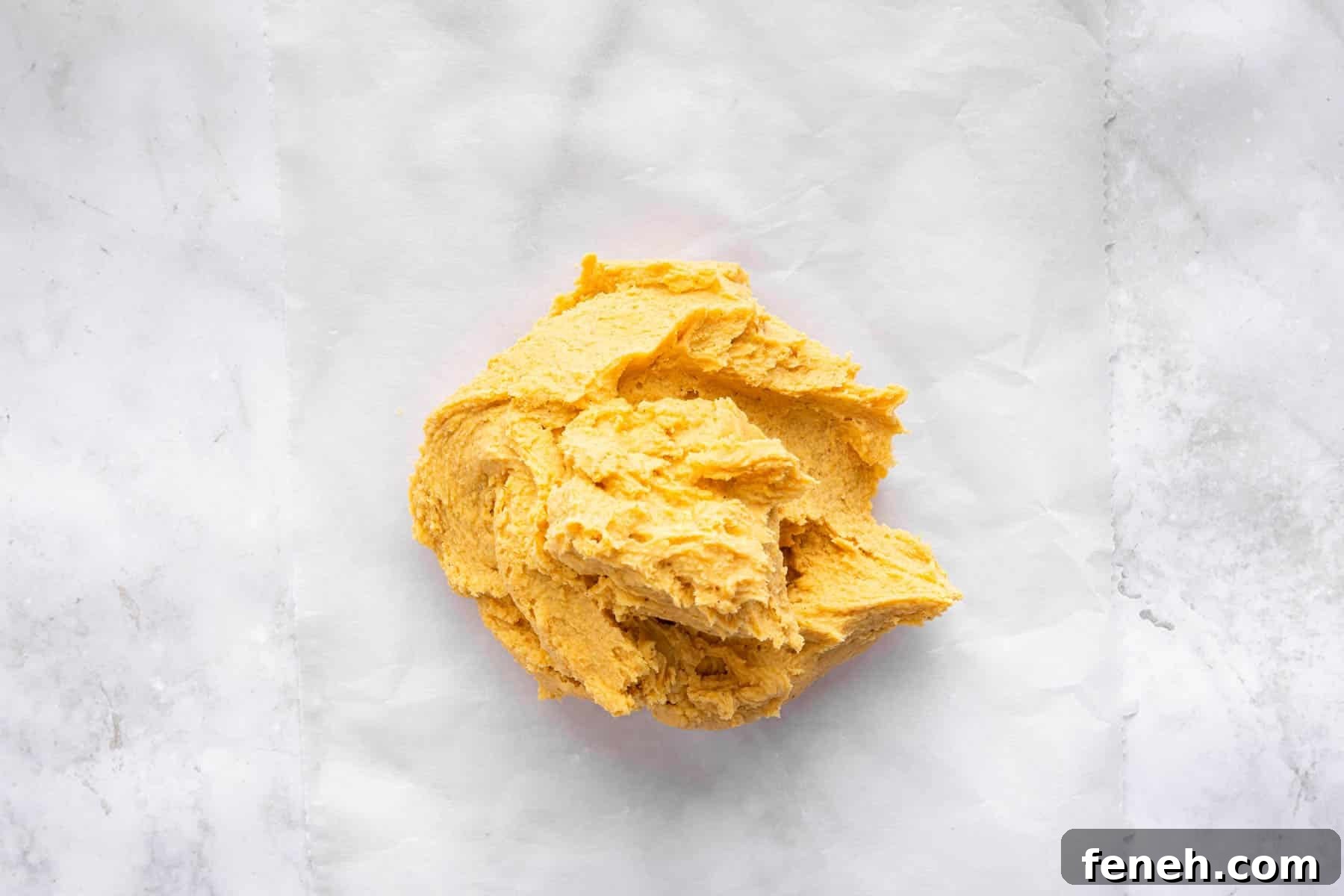 Ball of orange dough on a marble cutting board.