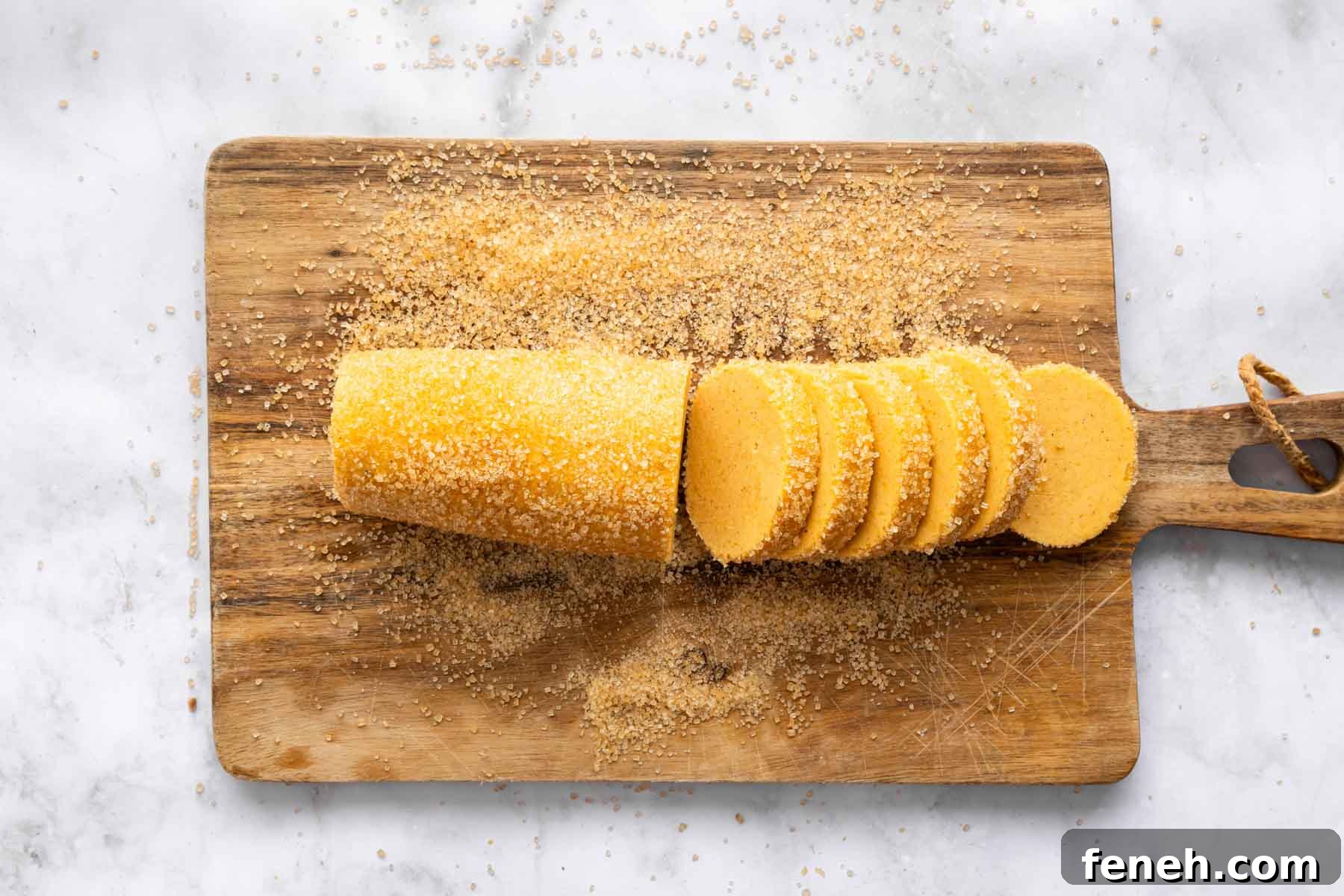 Log of orange dough rolled in coarse sugar on wooden cutting board.