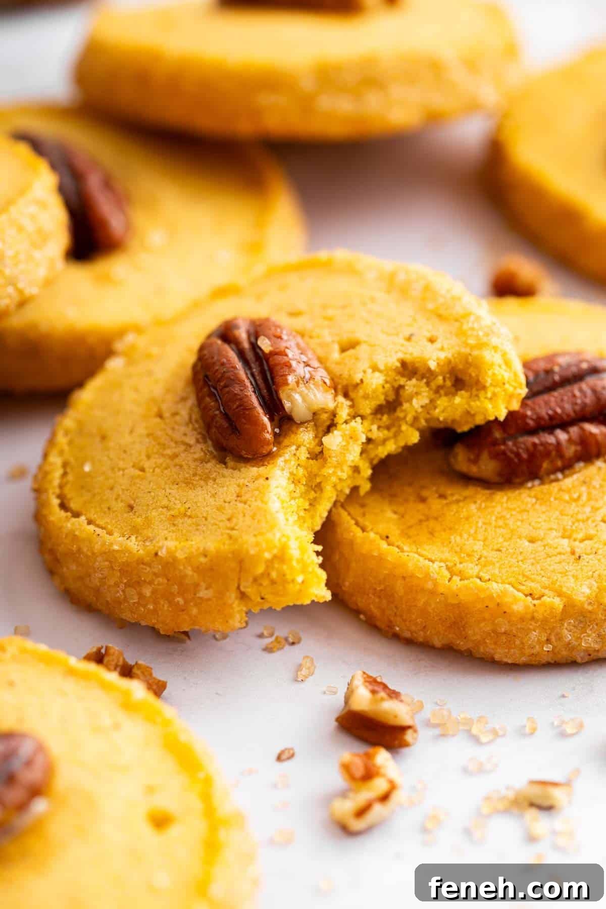 One pumpkin shortbread cookie with bite missing leaning on another cookie.