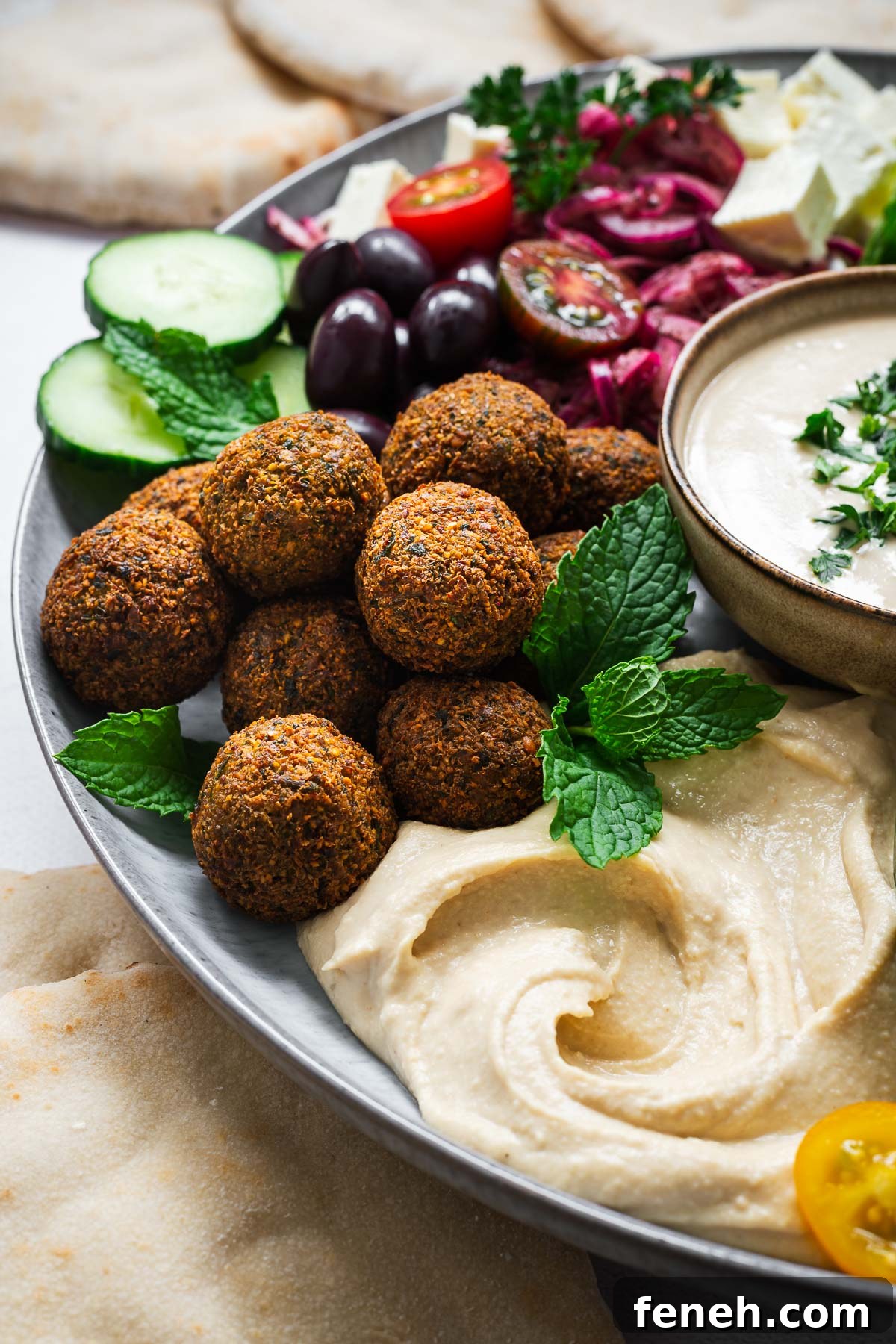 A falafel plate with crispy Israeli falafel, creamy hummus, tahini sauce, pita bread and fresh salad.