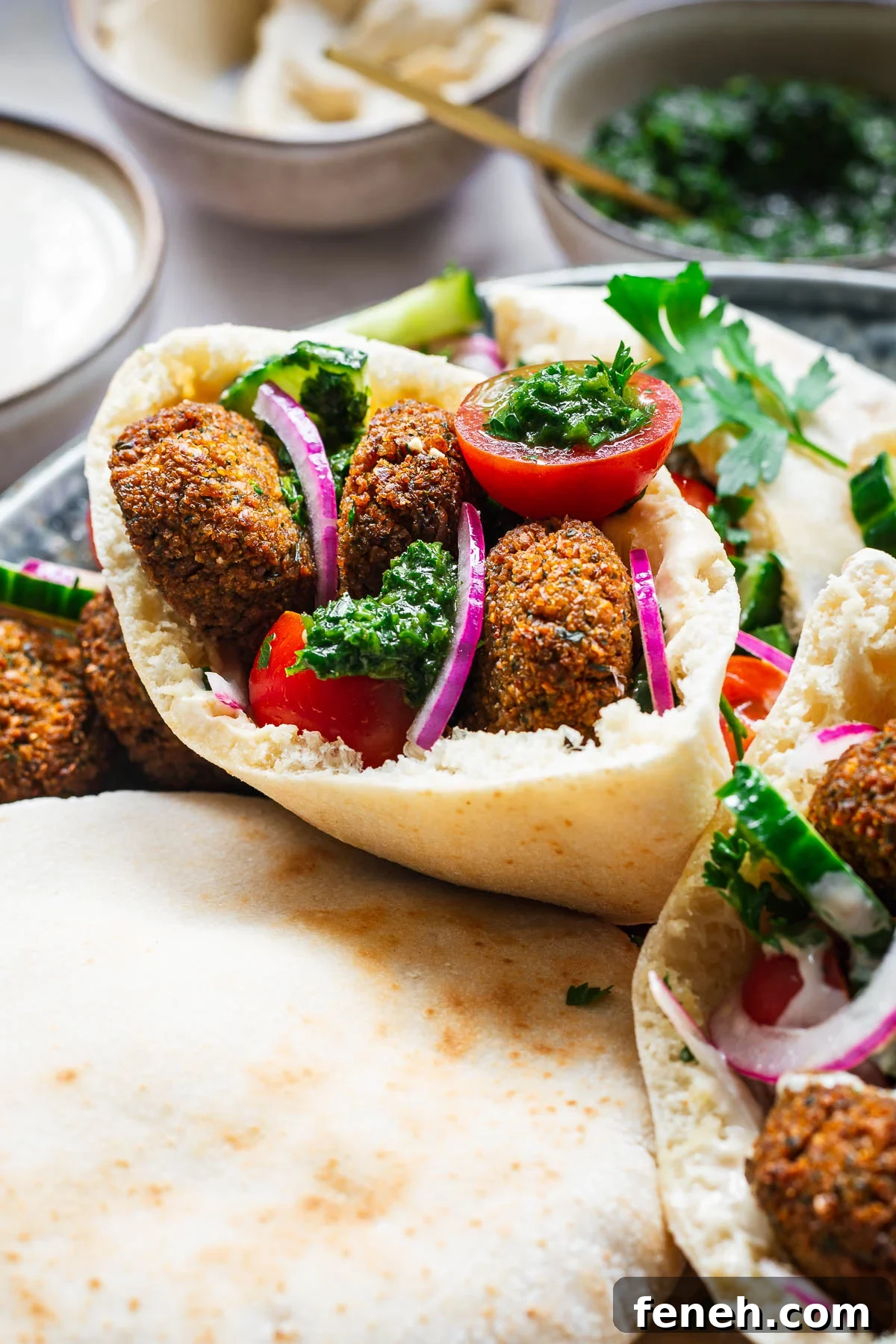 Close-up of a falafel pita sandwich with red onion, cherry tomato, cucumber, parsley, tahini sauce and zhoug hot sauce.