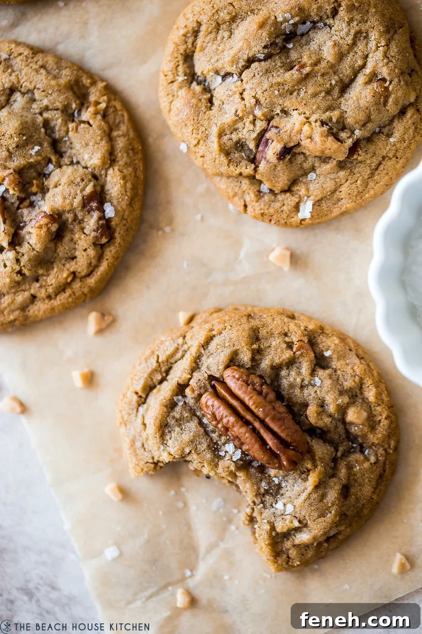 Overhead photo of a few Brown Sugar Pecan Toffee Cookies