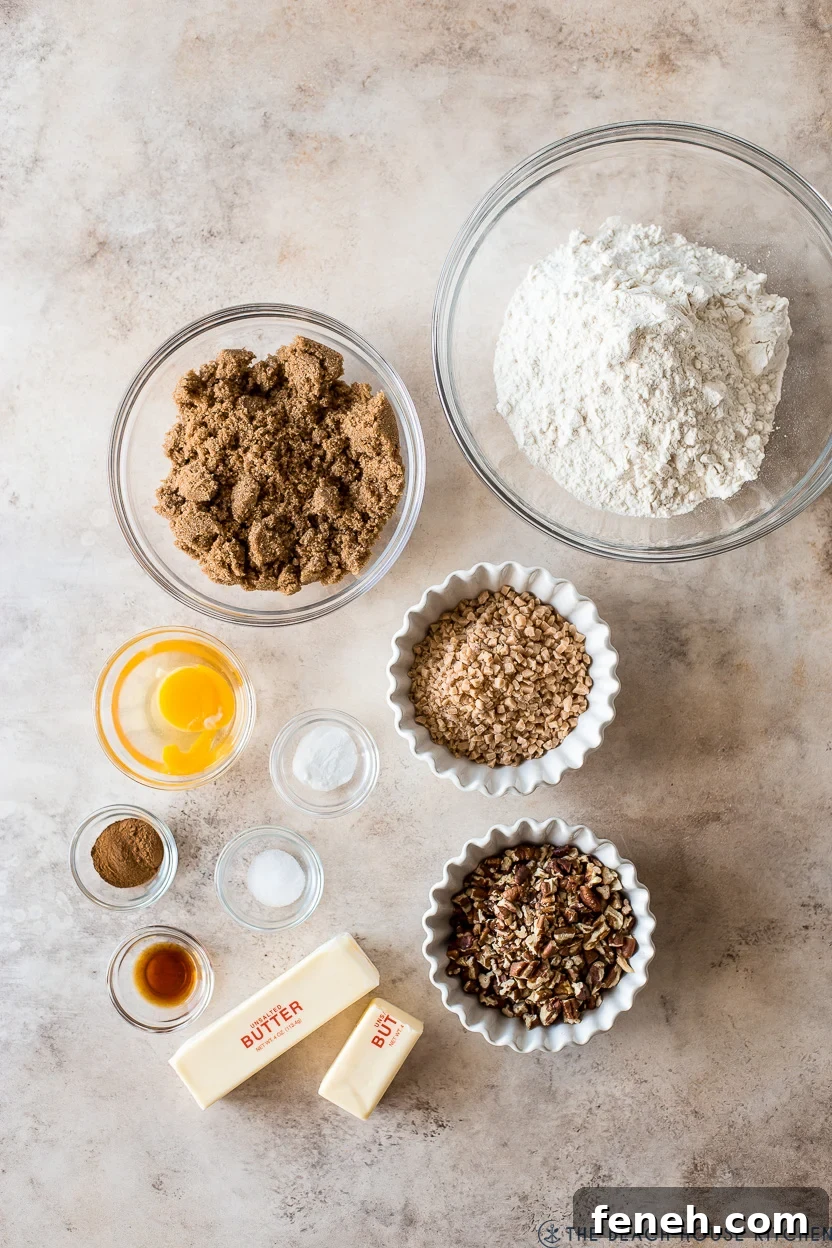 Overhead photo of ingredients for pecan toffee cookies