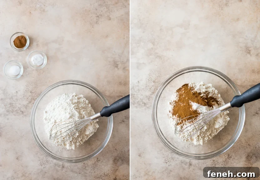 Diptich of a bowl of flour and a bowl of flour with ground cinnamon