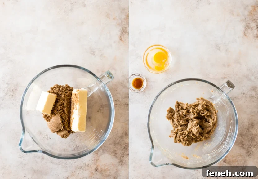 Diptich of a bowl of butter and brown sugar premixed and a bowl of mixed butter and brown sugar
