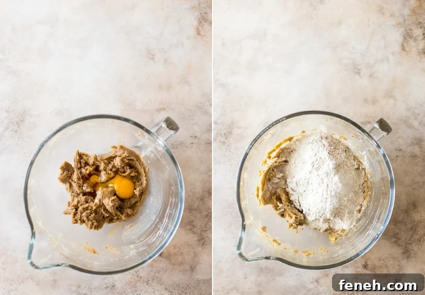 Diptich of a bowl of cookie dough topped with a raw egg and a bowl of cookie dough topped with flour