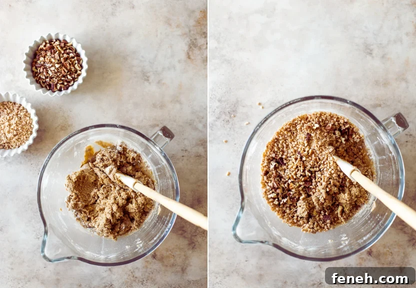 Diptich of a bowl of cookie dough and a bowl of cookie dough topped with toffee bits and chopped pecans