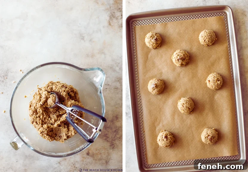 Dipich of a bowl of cookie dough and a baking sheet with cookie dough balls on it