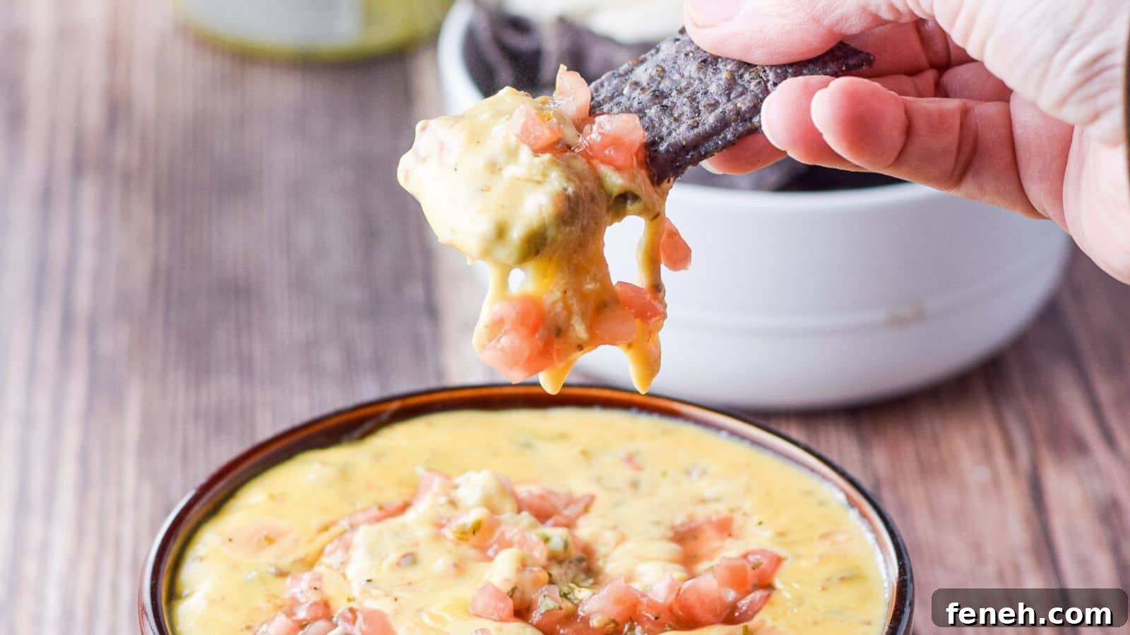 A hand holding a blue chip dipped into the cheese and tomato dip