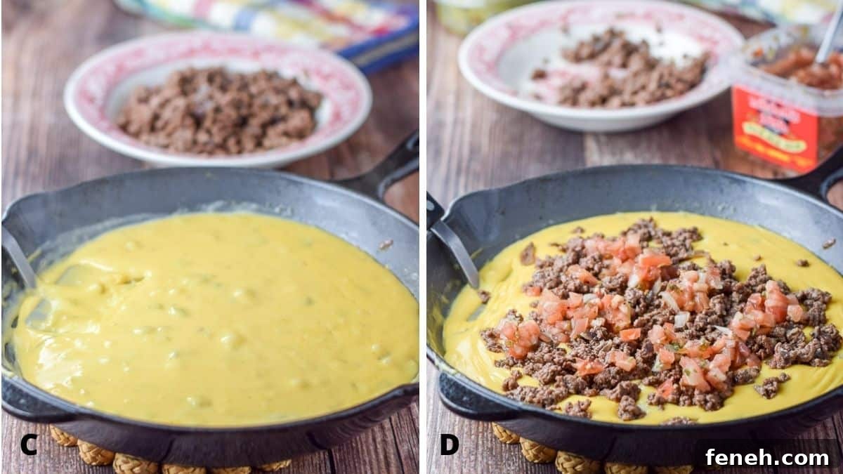 On the left - bubbly cheese in a pan with ground beef. On the right - beef and pico de gallo on top of the cheese