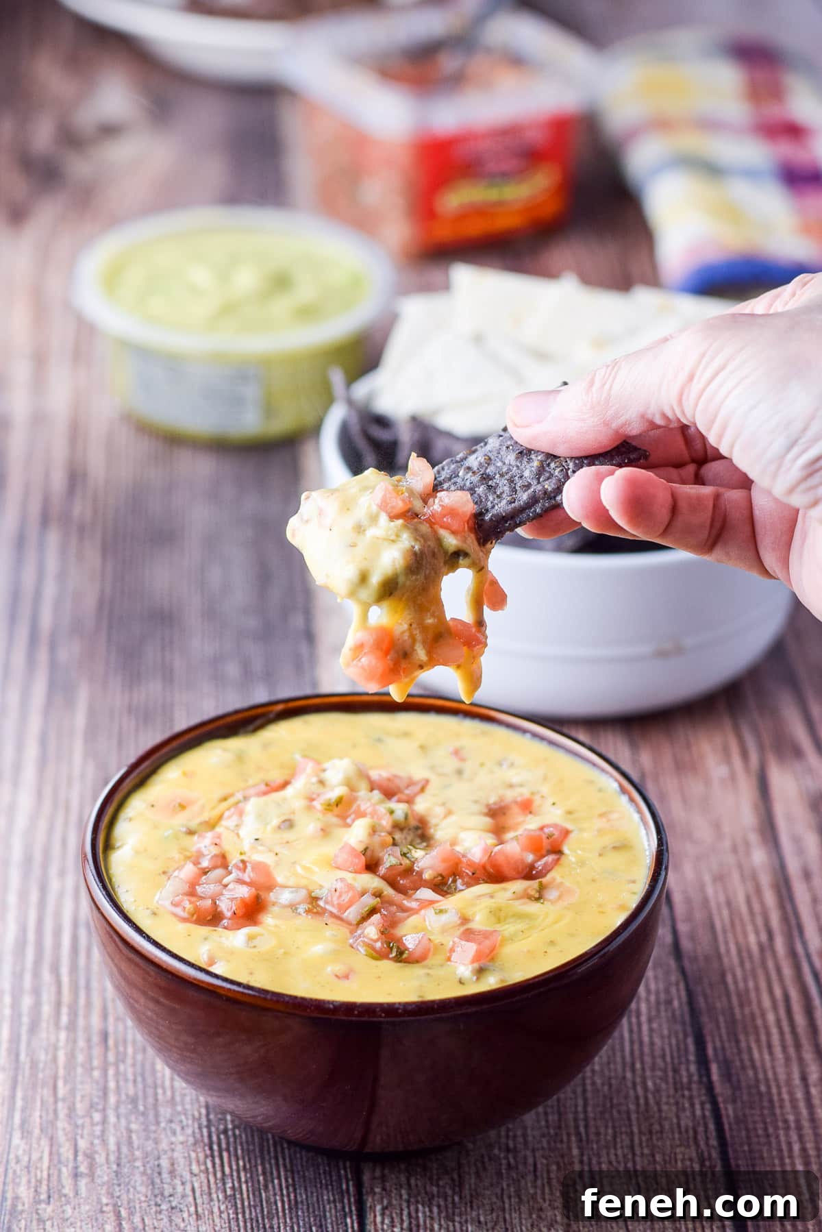 A hand holding a chip that was dipped in the cheese dip