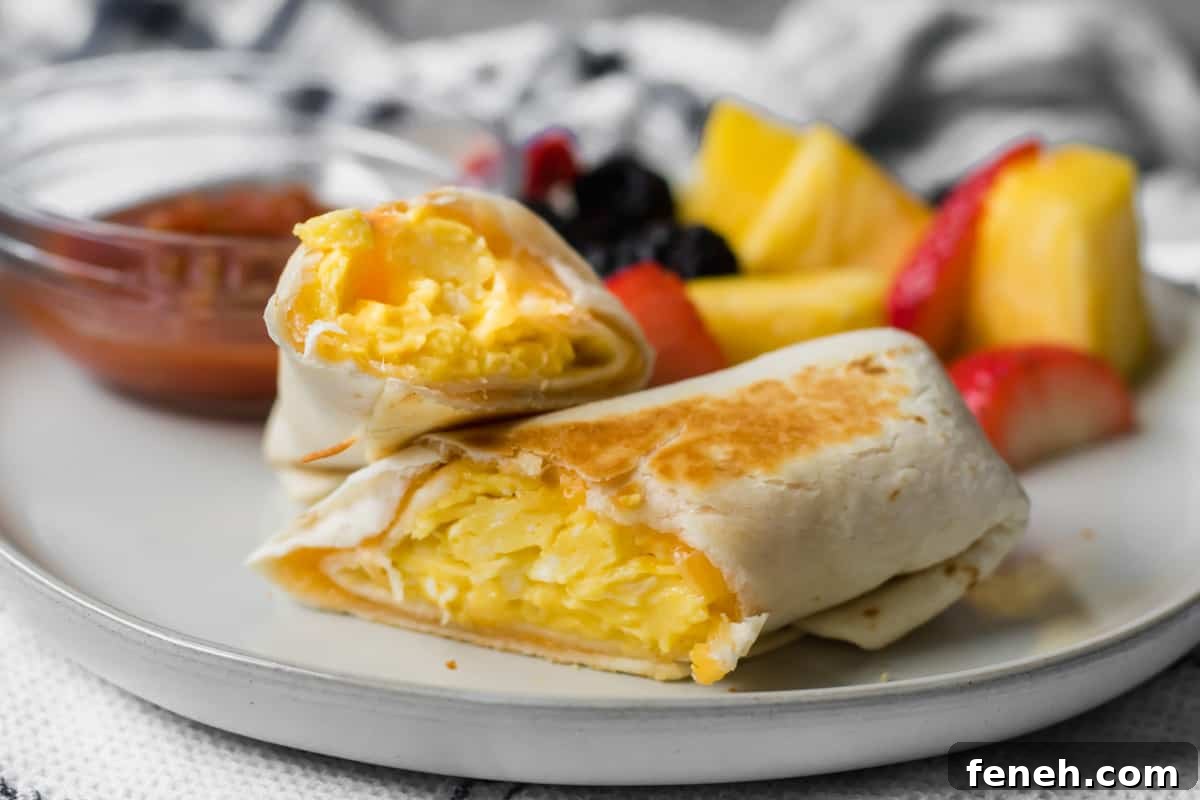 cheesy breakfast burrito on a plate with fruit and salsa