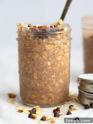 chocolate overnight oats in a mason jar with chocolate chips and oats around it