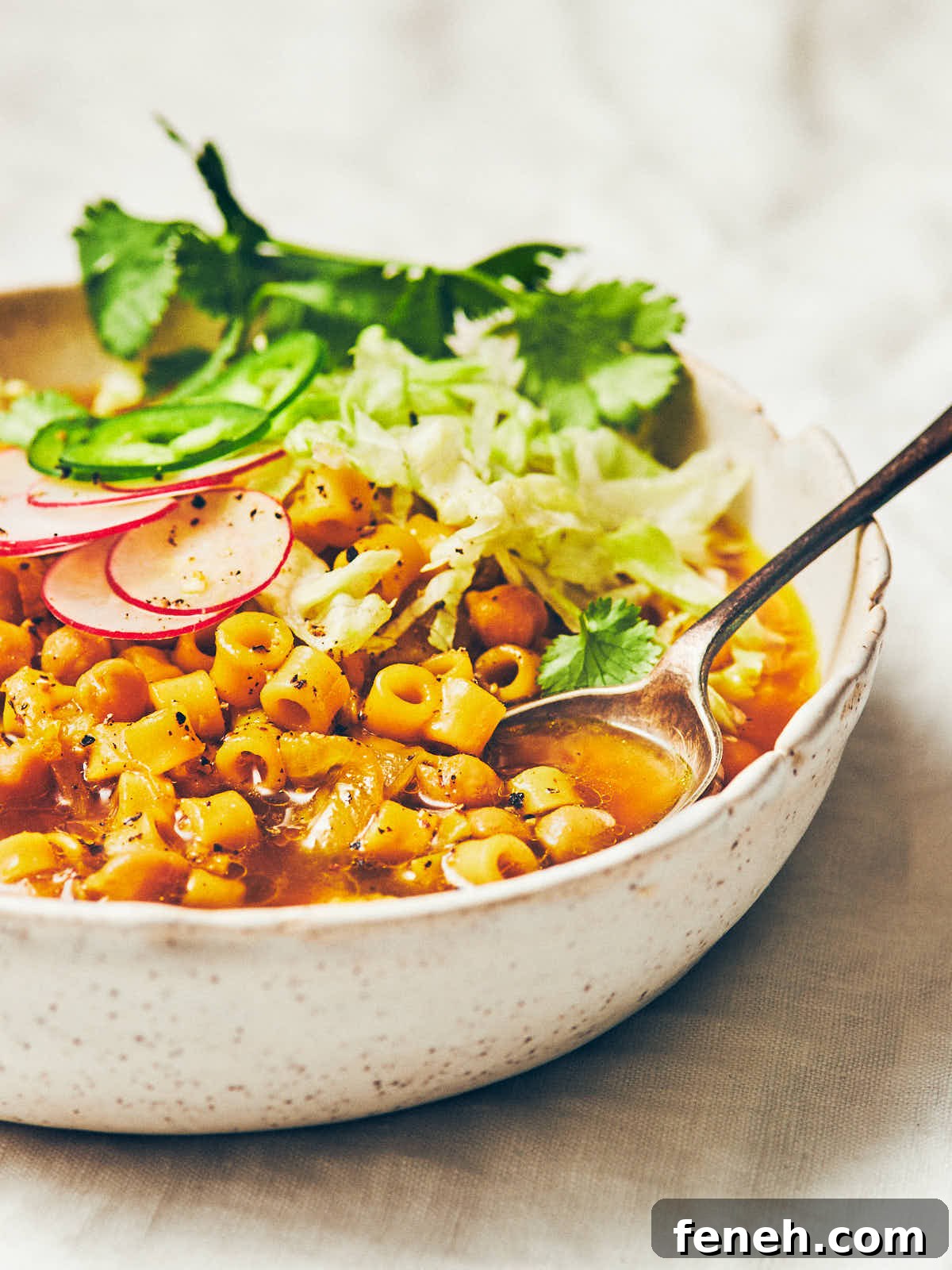 A bowl of vegan chickpea noodle soup with a soup spoon leaning against the edge of the bowl. 