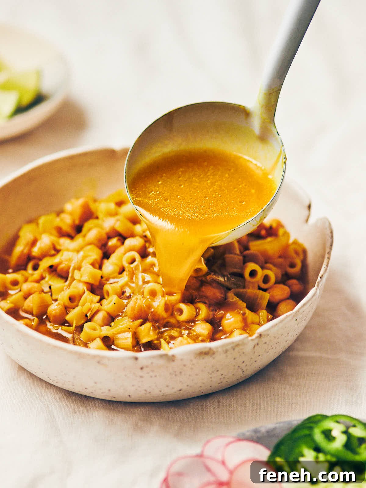 A ladle pouring golden chickpea noodle soup into a bowl, with a small plate of radishes and jalapenos in the foreground. 